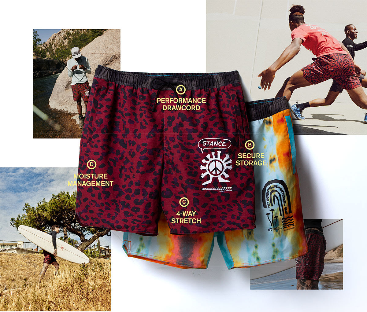 Collage image of two pairs of shorts, sitting on a background showing people fishing, playing basketball, and surfing.